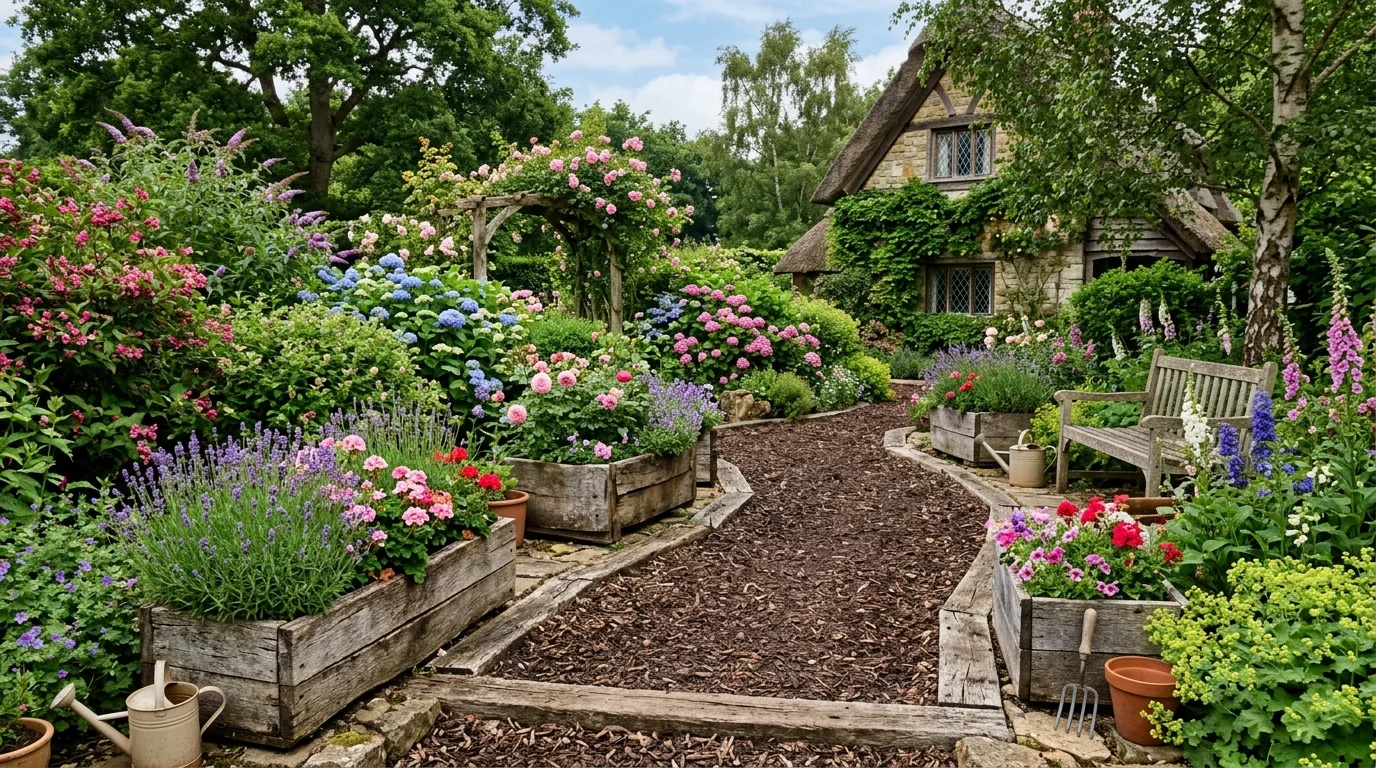 Rustic Garden With Wooden Planters